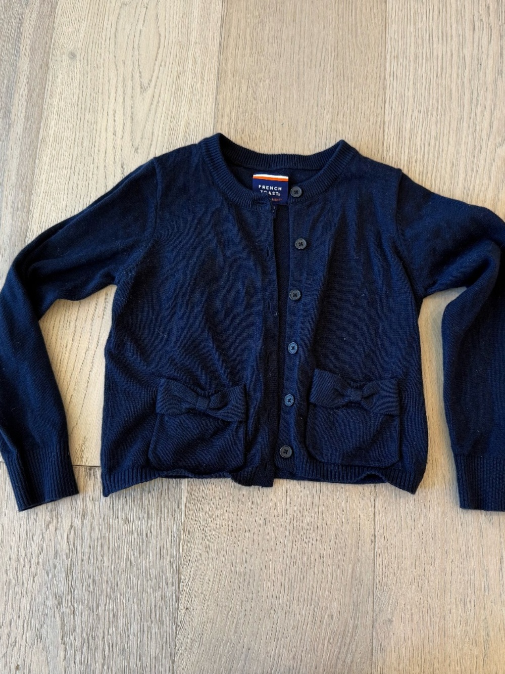 French Toast Navy Button Front Bow Pocket Cardigan Sweater Girls Size 6/6X EUC